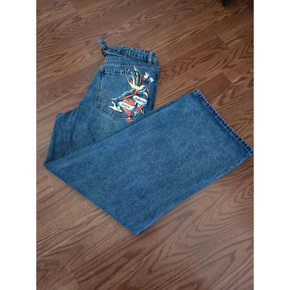 Ed Hardy Mens Wide Leg Skater Jeans Blue Tattoo Graphic Born Free Size 30